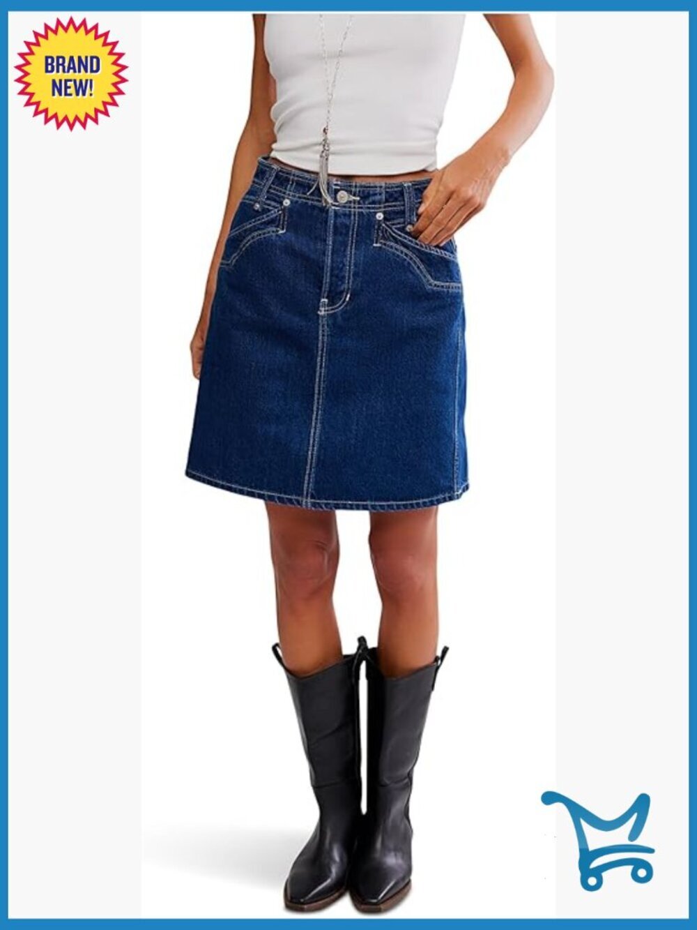 Relaxed Fit Denim Midi Skirt with Button Fly and Western Yoke